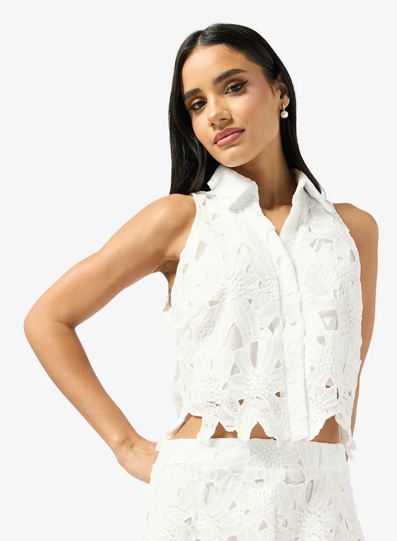 Ginger  Openwork Broderie Shirt & Wide Leg Pant Coord Set for Women | Best Price UAE